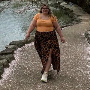 Lucy & Yak Poppy Sunflower Skirt XL | Elastic Waist Slit Maxi | Sold Out